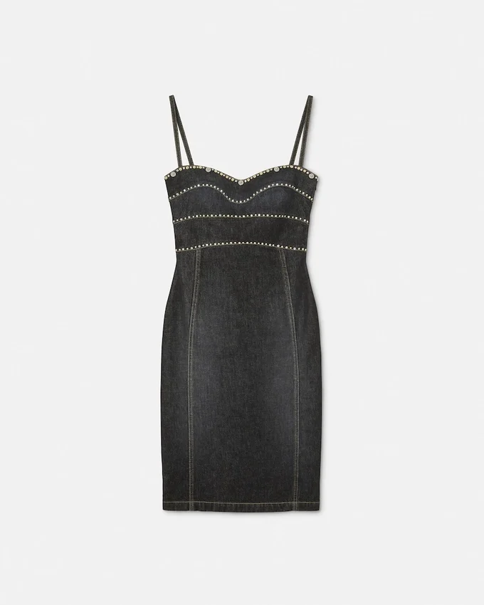 Embellished Denim Fitted Midi Dress Embellished Denim Fitted Midi Dress