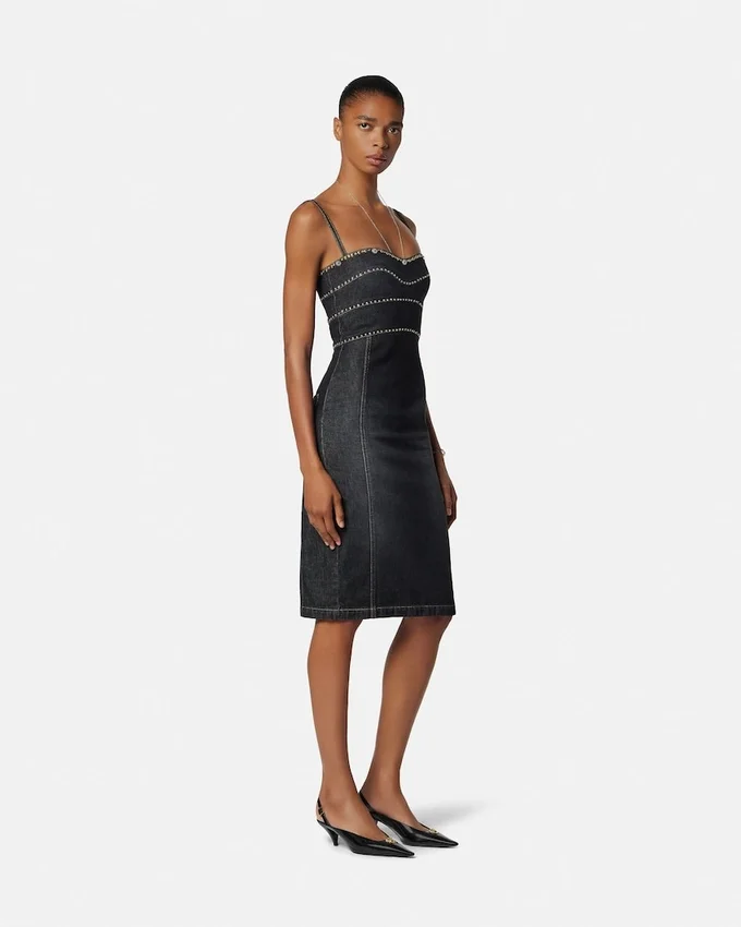 Embellished Denim Fitted Midi Dress Embellished Denim Fitted Midi Dress