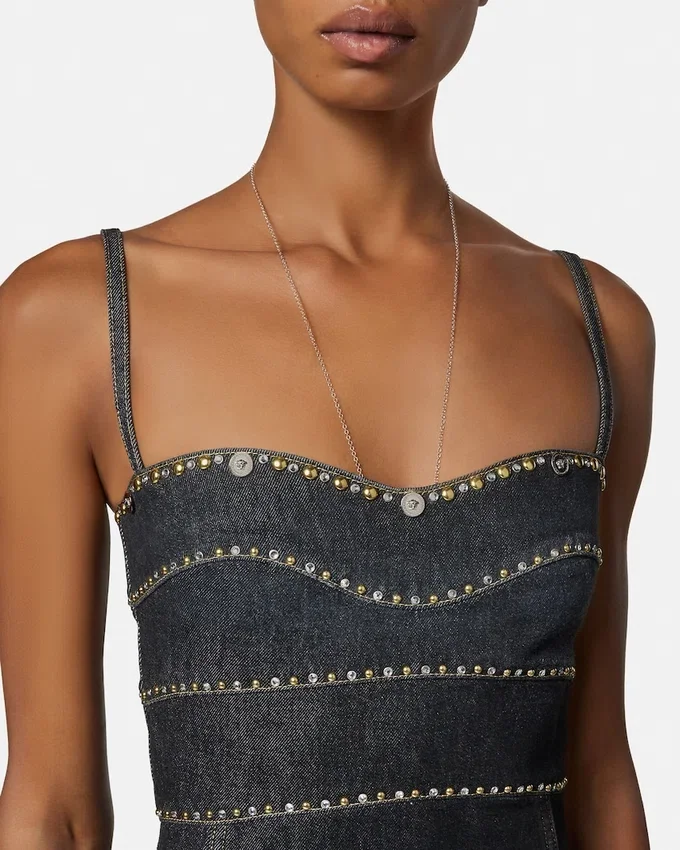 Embellished Denim Fitted Midi Dress Embellished Denim Fitted Midi Dress