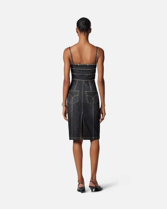 Embellished Denim Fitted Midi Dress Embellished Denim Fitted Midi Dress