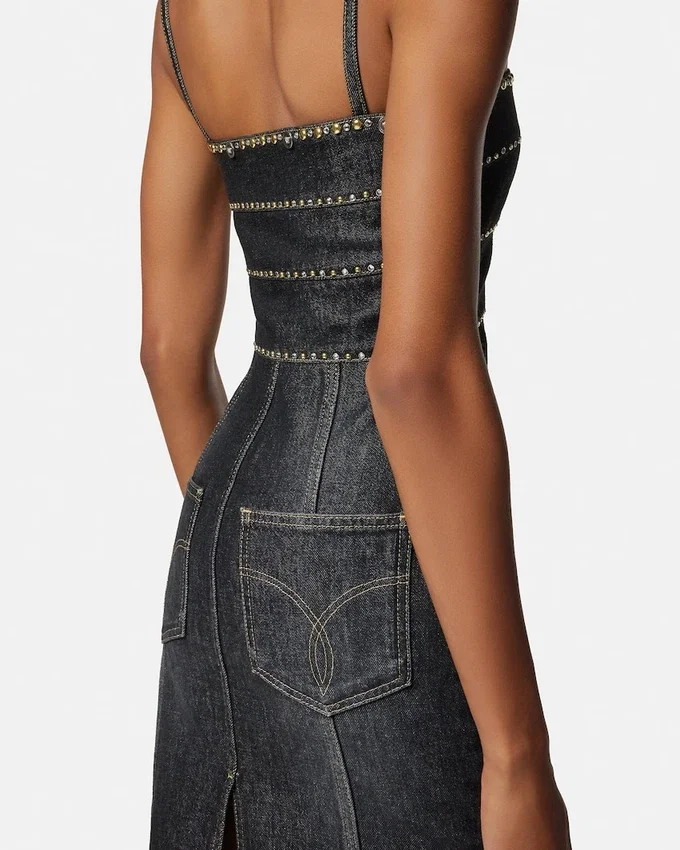 Embellished Denim Fitted Midi Dress Embellished Denim Fitted Midi Dress