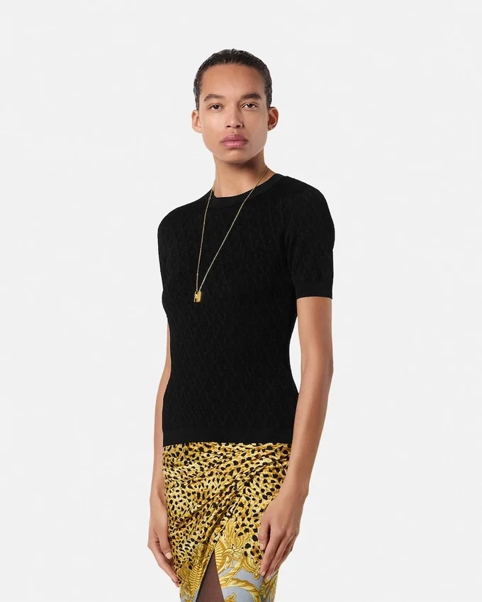 Jacquard Stretch Viscose Fitted Knit T-Shirt Jacquard Stretch Viscose Fitted Knit T-Shirt
