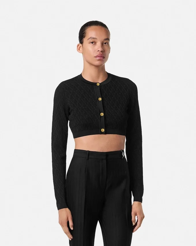 Jacquard Stretch Viscose Knit Crop Cardigan Jacquard Stretch Viscose Knit Crop Cardigan