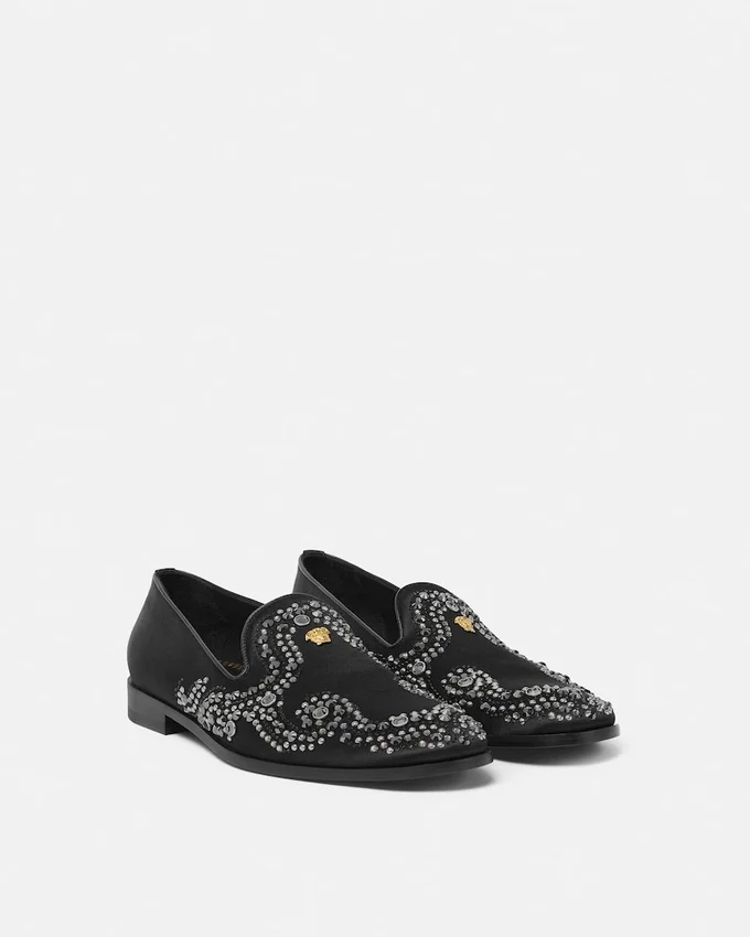 Medusa Embellished Satin Slippers Medusa Embellished Satin Slippers