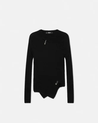 Safety Pin Asymmetric Ribbed Knit Sweater