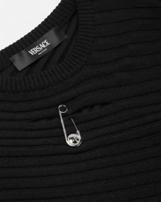 Safety Pin Asymmetric Ribbed Knit Sweater