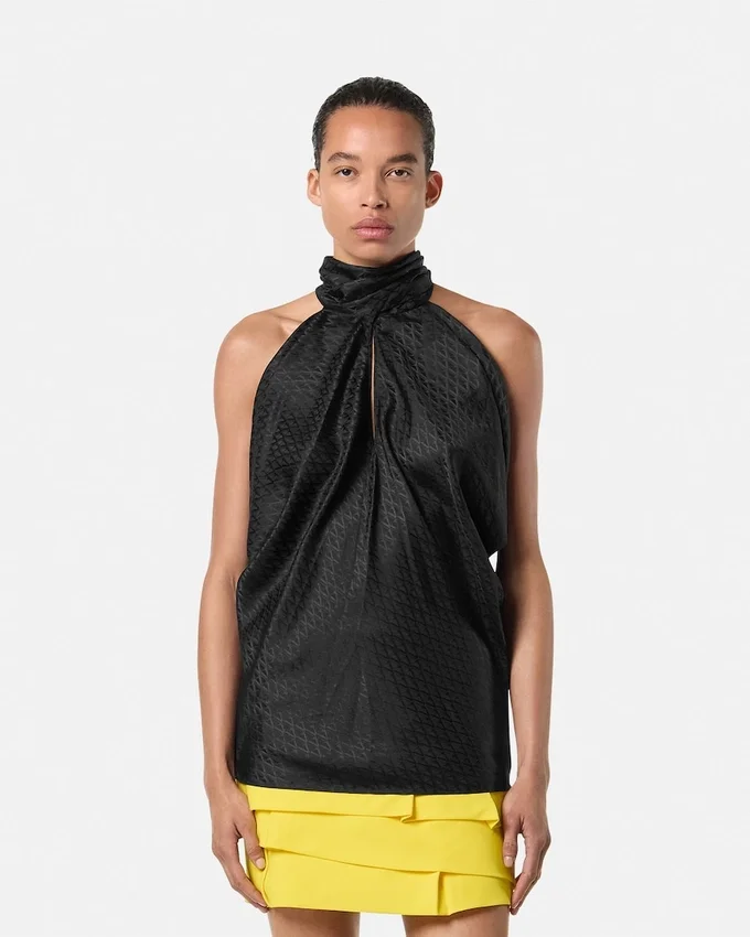 V Allover Jacquard Silk Lavallière Top V Allover Jacquard Silk Lavallière Top